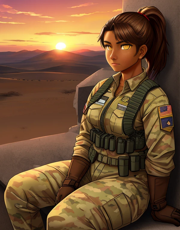 (Mixed race Nicaragua-Navajo woman), (tanned bronze skin:1.4), (Yellow colored eyes:1.4), (Short Brown Hair:1.3), (Ponytail hairstyle:1.2), (Wearing: USA marine corps uniform, camouflage military uniform, armor and gloves), army girl, soldier girl, infantry girl, (sunset :1.2),(Sitting with arms at the side), (relaxed), highest quality, ultra-high resolution, absurdity, realistic, physically based rendering, cinematic lighting, complex and cinematic appearance, cinematic soft light, soothing tone, dynamic angle