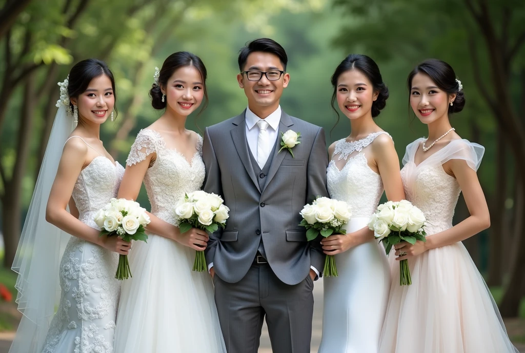 One handsome groom wearing glasses, five beautiful brides. The first bride wears a white wedding dress with a Thai pattern from Thailand. The second bride wears a white wedding dress with a lace pattern from Laos. The third bride wears a grey wedding dress with a cloud pattern from Japan. The fourth bride wears a pink wedding dress with a swan pattern from South Korea. The fifth bride wears a blue wedding dress with a sea pattern from Taiwan. Standing and posing for a photo. The bride holds a white rose and smiles beautifully. The groom wears a grey suit, standing in the middle of the five brides.
