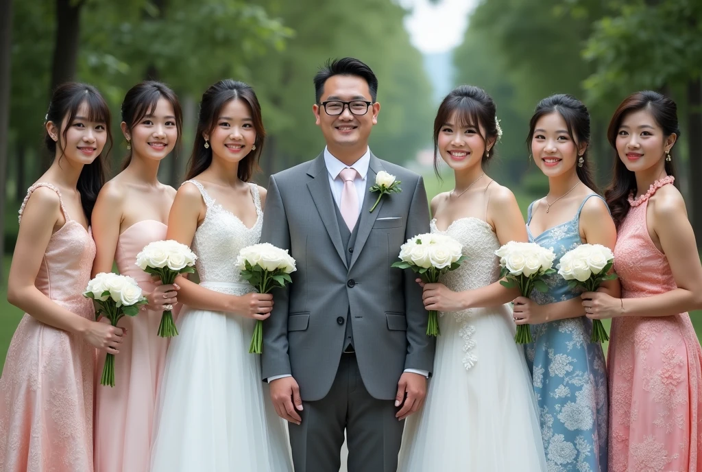One handsome groom wearing glasses, five beautiful brides. The first bride wears a white wedding dress with a Thai pattern from Thailand. The second bride wears a white wedding dress with a lace pattern from Laos. The third bride wears a grey wedding dress with a cloud pattern from Japan. The fourth bride wears a pink wedding dress with a swan pattern from South Korea. The fifth bride wears a blue wedding dress with a sea pattern from Taiwan. Standing and posing for a photo. The bride holds a white rose and smiles beautifully. The groom wears a grey suit, standing in the middle of the five brides.