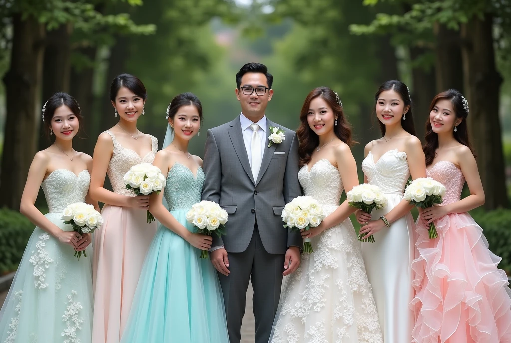 One handsome groom wearing glasses, five beautiful brides. The first bride wears a white wedding dress with a Thai pattern from Thailand. The second bride wears a white wedding dress with a lace pattern from Laos. The third bride wears a grey wedding dress with a cloud pattern from Japan. The fourth bride wears a pink wedding dress with a swan pattern from South Korea. The fifth bride wears a blue wedding dress with a sea pattern from Taiwan. Standing and posing for a photo. The bride holds a white rose and smiles beautifully. The groom wears a grey suit, standing in the middle of the five brides.