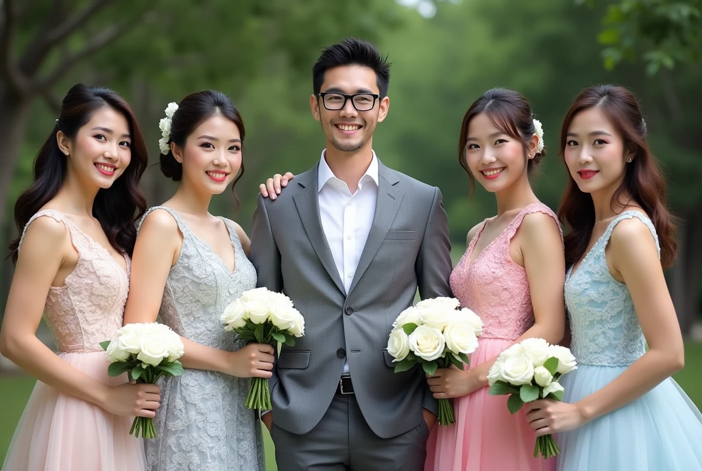 One handsome groom wearing glasses, five beautiful brides. The first bride wears a white wedding dress with a Thai pattern from Thailand. The second bride wears a white wedding dress with a lace pattern from Laos. The third bride wears a grey wedding dress with a cloud pattern from Japan. The fourth bride wears a pink wedding dress with a swan pattern from South Korea. The fifth bride wears a blue wedding dress with a sea pattern from Taiwan. Standing and posing for a photo. The bride holds a white rose and smiles beautifully. The groom wears a grey suit, standing in the middle of the five brides. 