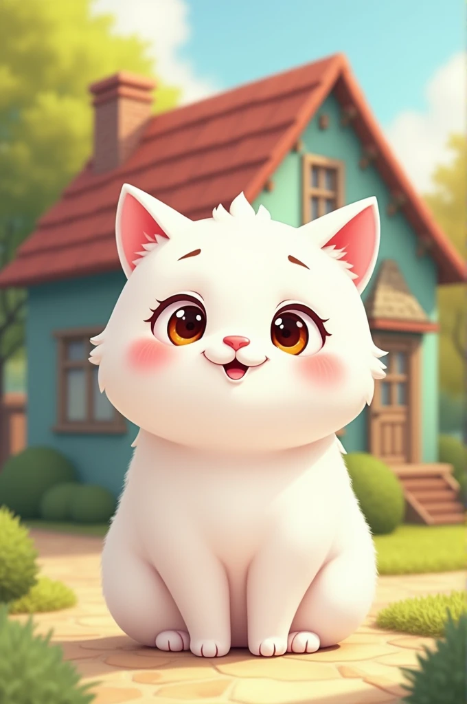 
Very cute cat, cartoon, standing on two legs, white, with a house behind,