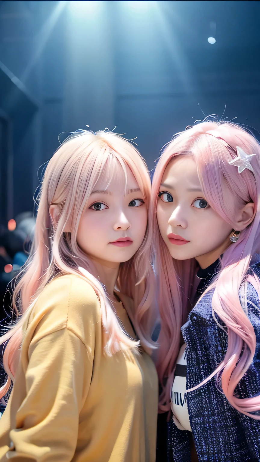 Two girls with pink hair posing for a picture in a dark room - SeaArt AI