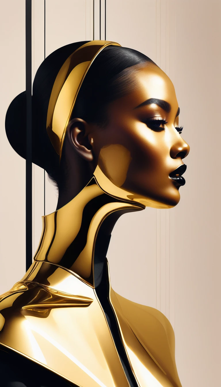 a woman with a large jaw and gold teeth, in the style of futuristic minimalism, restrained forms, darkly romanticism, the bechers' typologies, glossy finish, intricate imagery, close-up shots --ar 4:5 --s 300 --v 6.0 --style raw