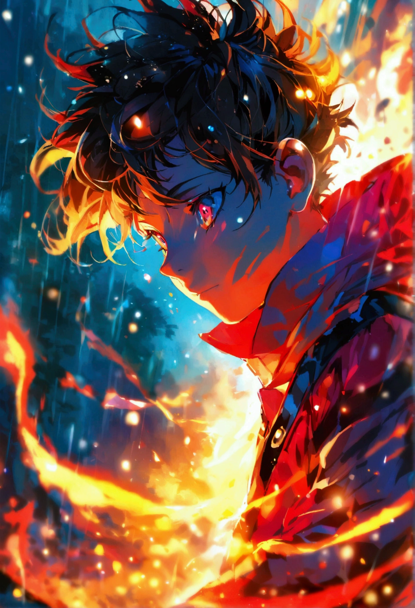 Boruto,boy,solo,age 12,bonde hair,spicky short hair,night,through fireflies,boruto uzumaki