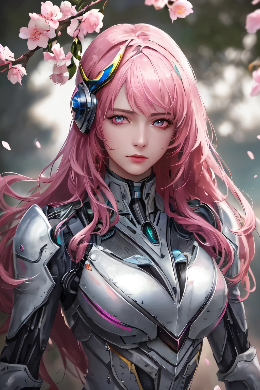 1mechanical girl,((ultra realistic details)), portrait, global illumination, shadows, octane render, 8k, ultra sharp,metal,intricate, ornaments detailed, cold colors, egypician detail, highly intricate details, realistic light, trending on cgsociety, glowing eyes, facing camera, neon details, machanical limbs,blood vessels connected to tubes,mechanical vertebra attaching to back,mechanical cervial attaching to neck,sitting,wires and cables connecting to head, A lone girl with long pink hair adorned in intricate mecha-inspired armor, gazes directly at the viewer. Her striking pink eyes captivate, set against a blurry background of blooming cherry blossoms. Delicate pink petals drift around her as she wears a helmet adorned with a pink flower, enhancing the softness of her expression. The scene takes place outdoors, where her armor gleams softly under the sunlight, bringing an ethereal quality to her presence.