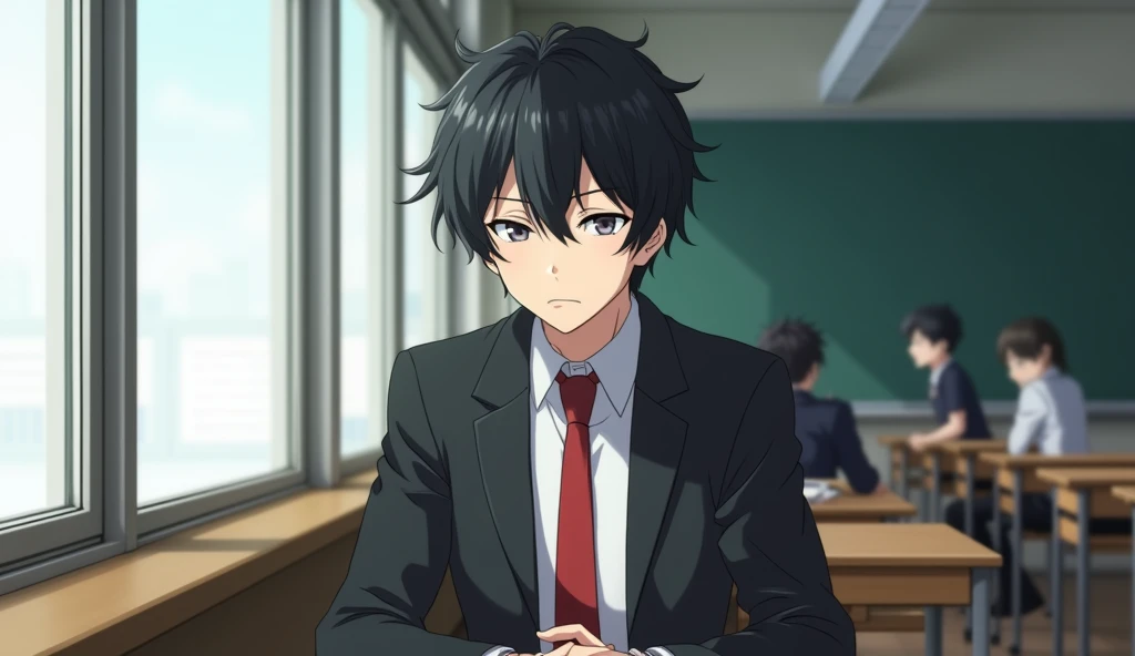 A medium shot anime-style of a male character with natural slightly messy and tousled hair, similar to the main character of the anime 'Hyōka'. He is dressed in a Japan-style school uniform He wears a black blazer as part of his school uniform, with a white t-shirt underneath, and a red tie. He is sitting in a school classroom at a table by the window side. His one hand is on his cheek and His face is expression disinterested. The background is filled with other students. With sleepy eyes , he is 1 , He weighs 50 kilograms
"And he is sitting on a bench like a window, with his classroom on the 3rd floor."
"And he always maintains a disinterested and lazy expression."