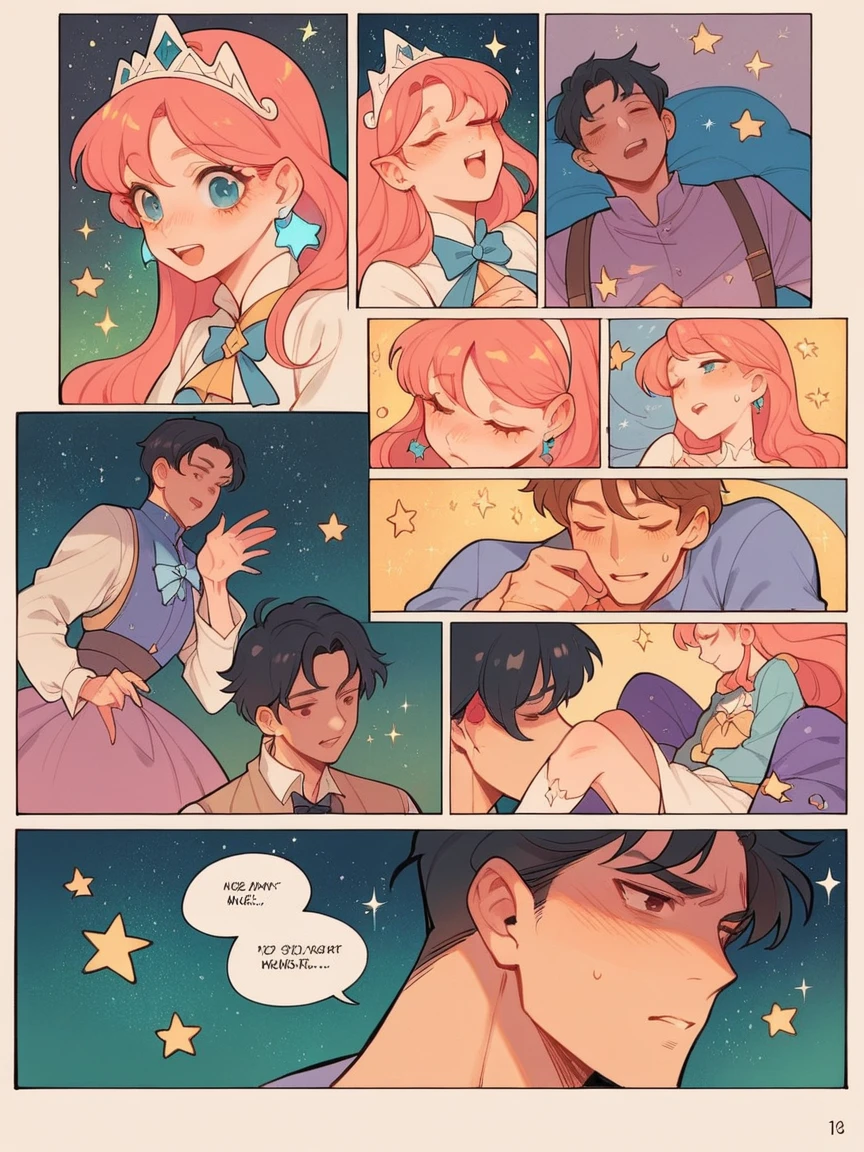 score_9, score_8_up, score_7_up, score_6_up, p4n3ls, 1girl, 1boy, stars, long hair, panels, (8k, best quality, master piece: 1.2),super high resolution,A page of a soft pastel colored comic book divided into frames、A princess falls in love with a demon、speech bubble、Powerful girl manga style