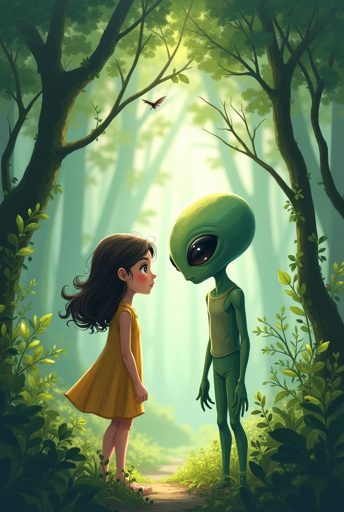 A teenager girl speaking with an alien in a forestry area with greenish and blue is ambience of light they are standing and a distance the Girish surprised in a cartoonist and sketches style like illustrations of Ruskin bond's book make the heights somewhat same and not too cartoonish make it a little sketchy