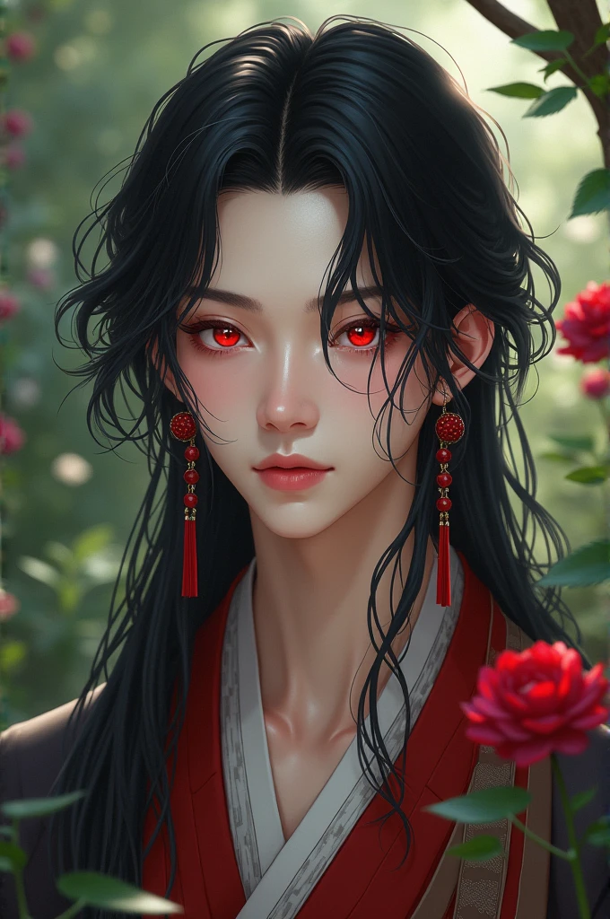 Make a handsome guy yet soft features that have long black jet hair and red ruby beautiful eyes and have ared long earings. Give him a half body with a clothed from murim and have a garden background and give him a milky skin
