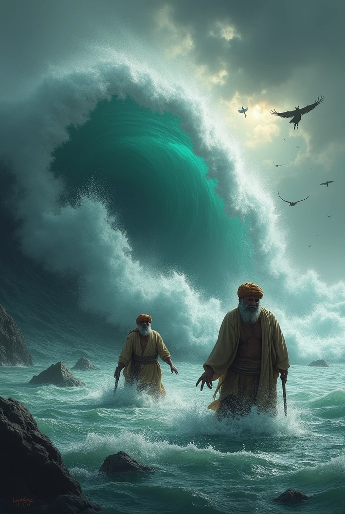 There are dark clouds in the sky.
A huge wave is rising in the river. Two middle-aged men are swimming in the water, wearing long clothes, turbans on their heads. One is drowning. Bucks are flying in the sky.