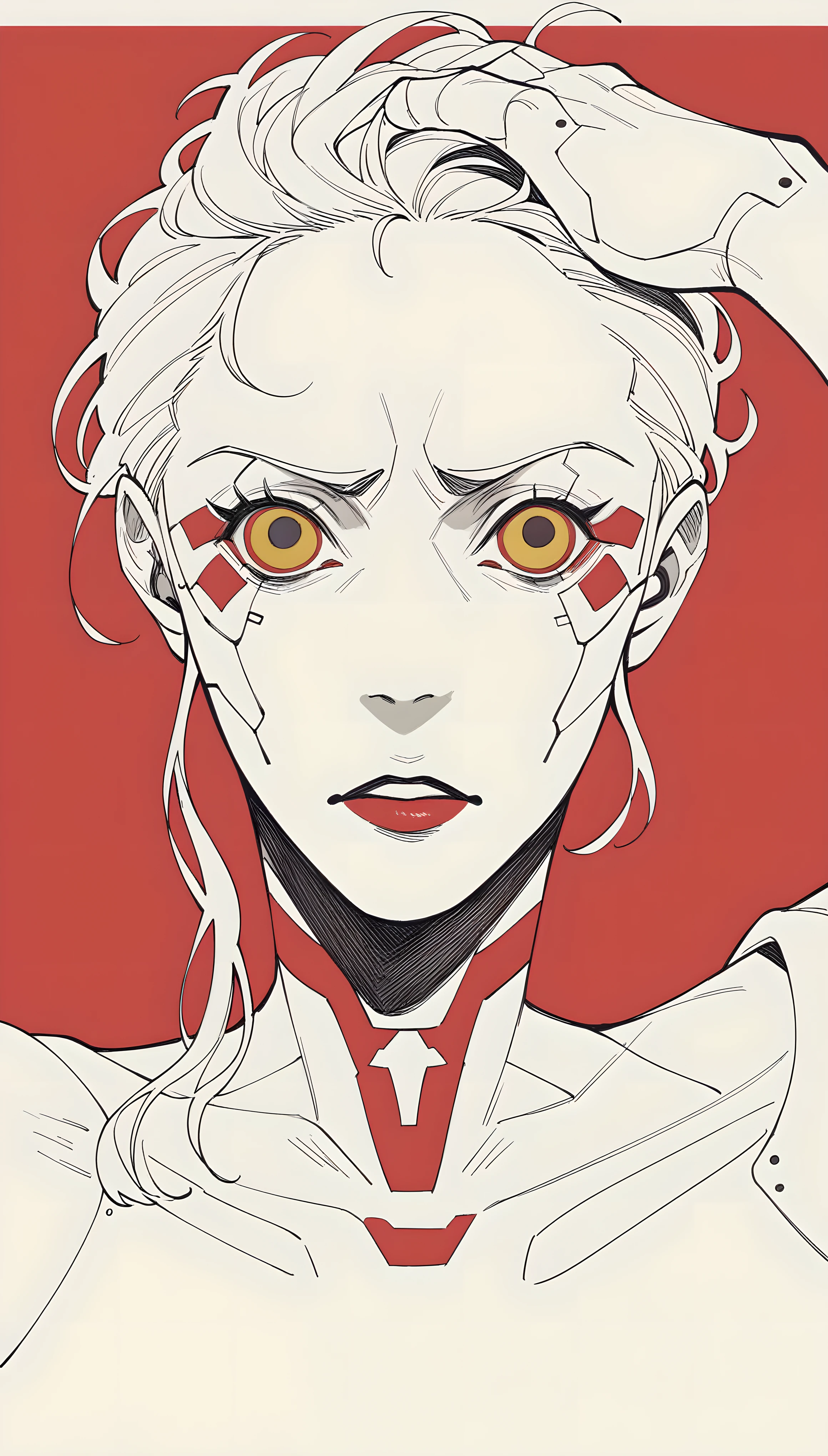A beautiful woman with robotic features as a closeup shot of the face and neck, with circuitry on her skin, clean lines, minimal details, cyberpunk, portrayed in profile with a red background, futuristic design, in a 2D flat composition, red tones, digital art in the style of Studio Ghibli --ar 1:2 --stylize 750