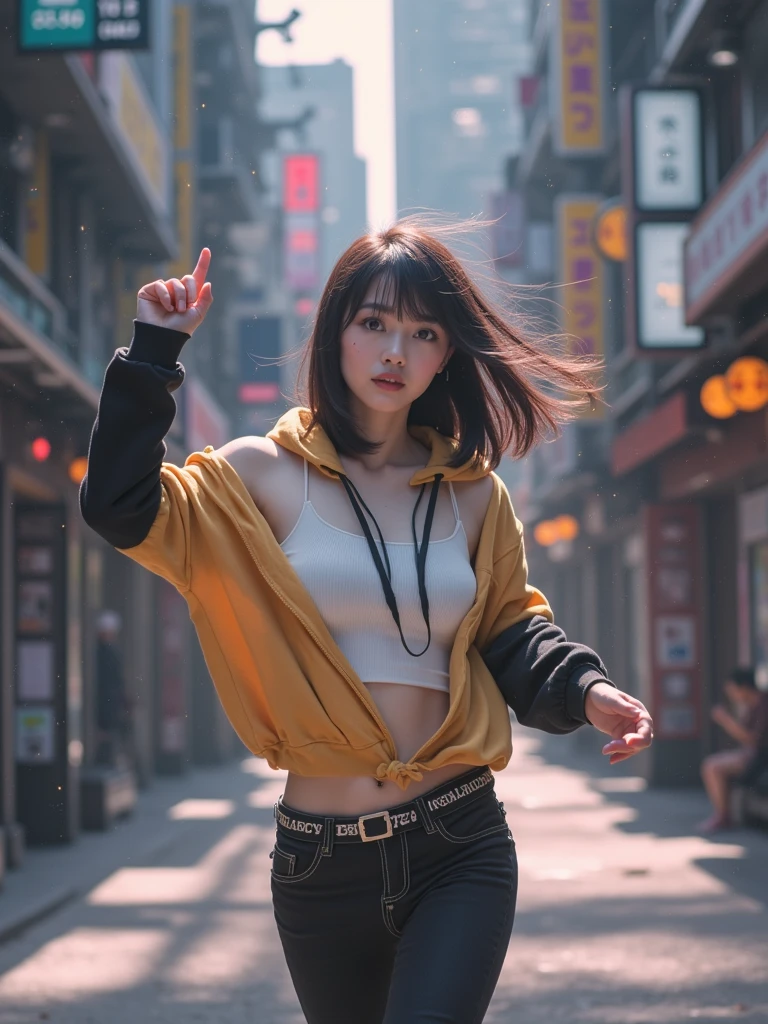 Masterpiece, 4K wallpaper, Masterpiece sci-fi cyberpunk city, fantasy sci-fi, neon glow lights city, ( Subject ( 1girl, A cute japanese women with beautiful hair, wearing an youth stylist oversized hoodie fashion, yellow, black and white stylist fashion, jumper hoodie and short solid cotton trousers, the hoodie stylist masterpiece.))
( Pose (Relaxed, with dance pose, masterpiece. Medium breast.))
( Setting (ultra realistic, sci-fi theme, A mystic environment, cyberpunk city with neon glow lights and a glow light portal.))
( Face ( absolute detail of face masterpiece, detail skin pores masterpiece, oil skinny, beautiful japanese girl, detail of face.))
( Perfect human body, perfect human fingers)
( Lighting (Dramatic side lighting with a warm and cool light masterpiece, absolute face and body lighting teqnique, sunlit glow and light rays, masterpiece object lighting and detail.))
(detail of wearing masterpiece), rahnday style photography, the sense of photography), sea art infinity.
( Style (Hyper-realistic, cinematic, with a focus on detail and texture, octan render 4K quality masterpiece.))
( Technical Specifications (Shot from a medium long shot, below-up perspective, with a Fujifilm XT-4 with Fujinon 50mm lens at f/1.2.))
(((Additional Notes)
( Focus on Key Elements (Emphasize the woman, her clothing, and the dramatic city backdrop.))
( Visual Effects (Include cinematic grains, falling glow particles, and a blurred background with white fog.))