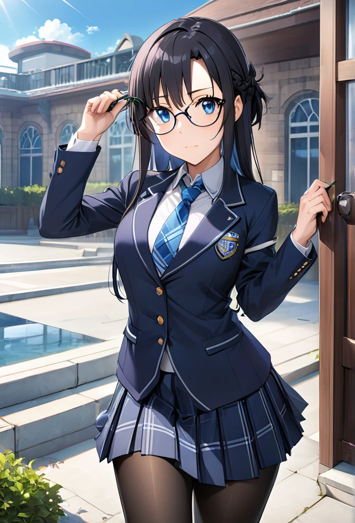 1 high school girl、Yuuki Asuna, Highest quality、Very detailed、High resolution illustrations、Ultra-high-definition CG、８k size wallpaper、beautiful glossy black hair、beautiful, Clear blue eyes、Glasses、Straight hair、bangs、Hime cut、Indigo blue blazer with emblem on left chest、Disciplinary Committee Blue Armband、Collared shirt、Patterned blue tie、Gray tartan check long pleated skirt、Black Pantyhose、Black Loafers、The disciplinary committee chairperson has a sharp and mature look.、morning、Surprise outfit check in front of the school gates、A little pouty、place your left hand on your hip、(Pose of pinching and lifting the vine of the glasses with the right hand)、