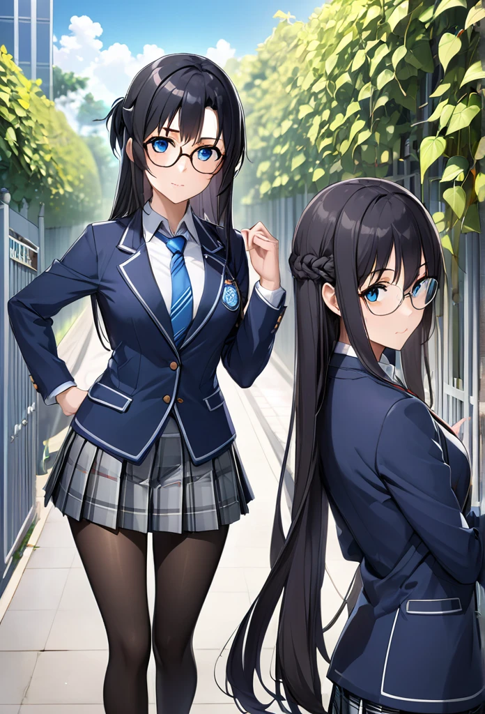 1 high school girl、Yuuki Asuna, Highest quality、Very detailed、High resolution illustrations、Ultra-high-definition CG、８k size wallpaper、beautiful glossy black hair、beautiful, Clear blue eyes、Glasses、Straight hair、bangs、Hime cut、Indigo blue blazer with emblem on left chest、Disciplinary Committee Blue Armband、Collared shirt、Patterned blue tie、Gray tartan check long pleated skirt、Black Pantyhose、Black Loafers、The disciplinary committee chairperson has a sharp and mature look.、morning、Surprise outfit check in front of the school gates、A little pouty、place your left hand on your hip、(Pose of pinching and lifting the vine of the glasses with the right hand)、