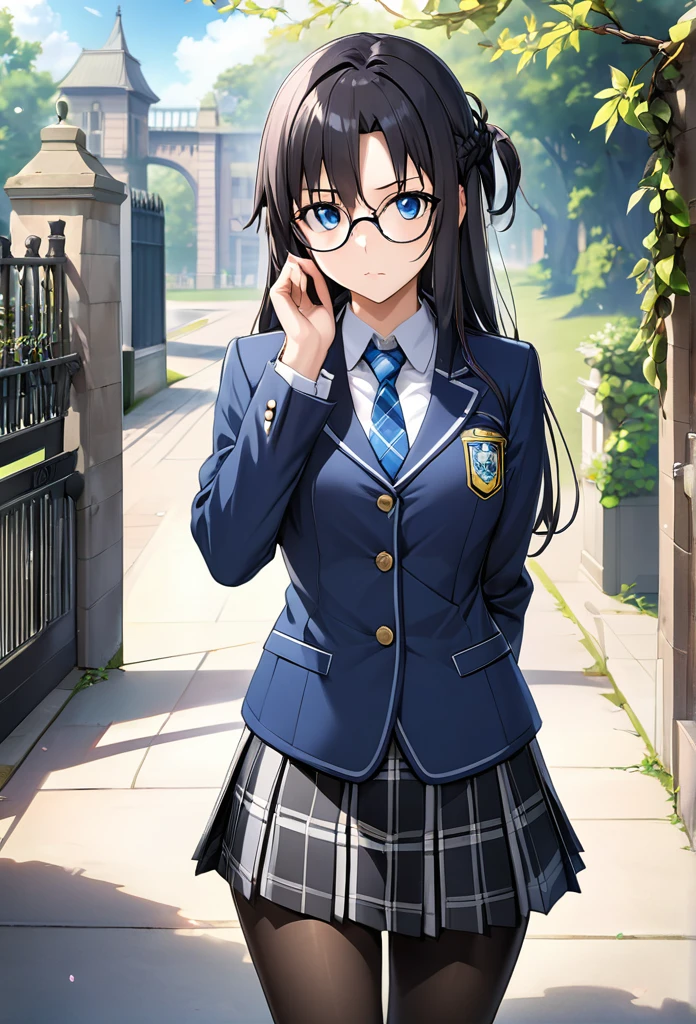 1 high school girl、Yuuki Asuna, Highest quality、Very detailed、High resolution illustrations、Ultra-high-definition CG、８k size wallpaper、beautiful glossy black hair、beautiful, Clear blue eyes、Glasses、Straight hair、bangs、Hime cut、Indigo blue blazer with emblem on left chest、Disciplinary Committee Blue Armband、Collared shirt、Patterned blue tie、Gray tartan check long pleated skirt、Black Pantyhose、Black Loafers、The disciplinary committee chairperson has a sharp and mature look.、morning、Surprise outfit check in front of the school gates、A little pouty、place your left hand on your hip、(Pose of pinching and lifting the vine of the glasses with the right hand)、