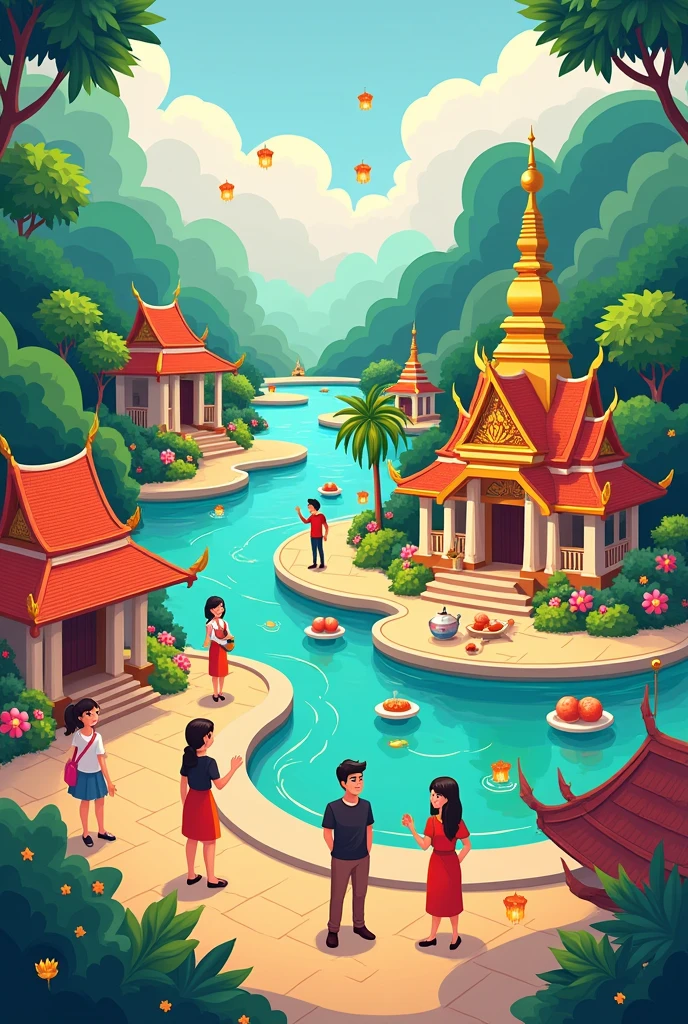 Draw cartoons about Thai culture, such as paying respect, Loi Krathong, Songkran, releasing floating lanterns, Buddha images, Thai temples, Thai food, Thai boxing, and Thai games. Combine them into one picture.