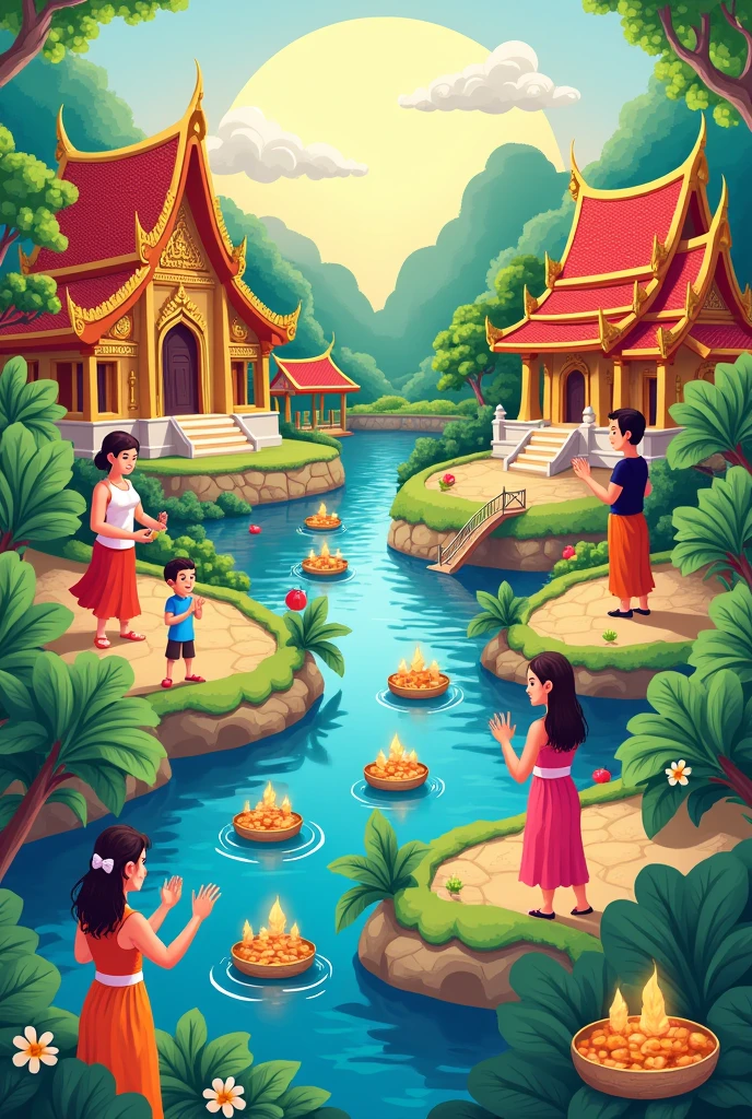 Draw cartoons about Thai culture, such as paying respect, Loi Krathong, Songkran, releasing floating lanterns, Buddha images, Thai temples, Thai food, Thai boxing, and Thai games. Combine them into one picture.