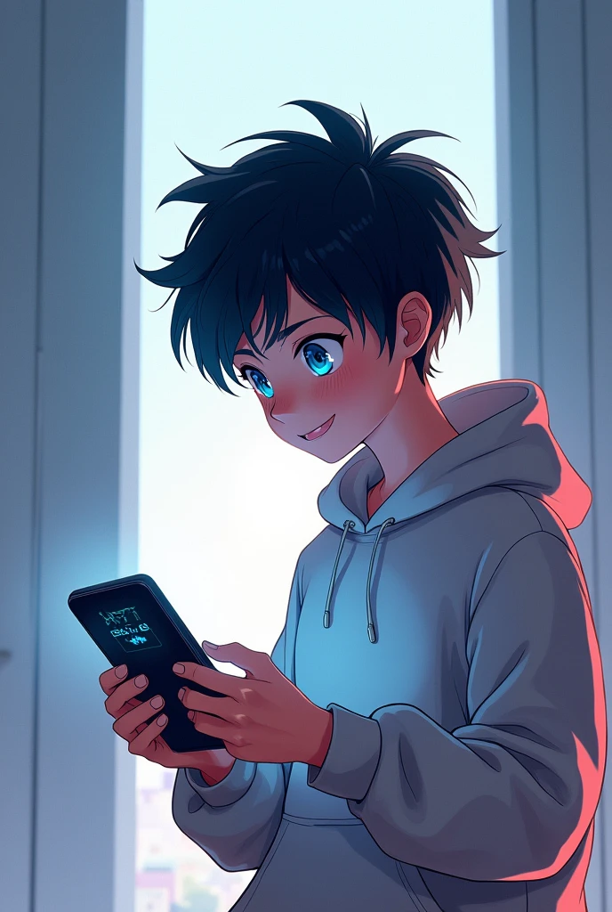 Anime boy play game in mobile 
