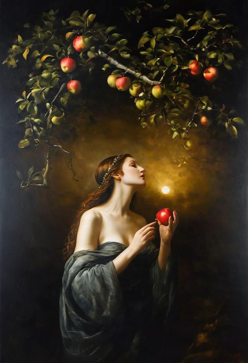 painting of a biblical story of Eve with an apple in her hand in the Garden of Eden under a spreading apple tree, dark atmosphere, cinematic scene, volumetric lights, in the style of nicola samori
