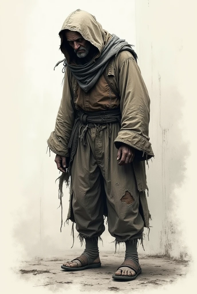 A man in a beggar costume is drawn in a sketch style.