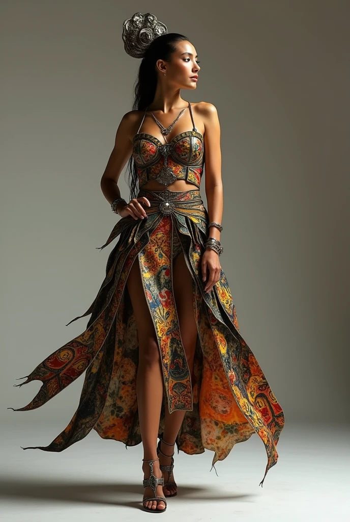 I want a full body image of a creative look, bold, moderno, flashy, dramatic inspired by the fashion of ancient Crete