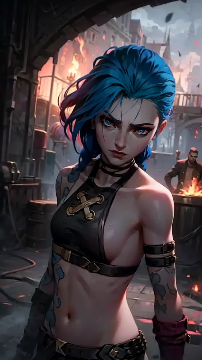 (masterpiece, Best quality), 1 girl, portrait, very sexy, Crazy look, smile, crying, pink tears, tears on the cheeks, tears from eyes, full length (Whole body 1.1.), очень female, fighting stance, combat, fire, explosions, burning city, beautiful waist, gloomy composition, flame, fire, Flash, very beautiful, female, long hair, hair braided in long braids, very sexy, skinny leather pants, Focus on the eyes, emphasis on the face, Beautiful face, hands, hair, haired ponytail, red purple eyes, Джинкс crying, Blue Cloud Tattoo, (masterpiece, Best quality), Side lighting, beautiful detailed eyes, crazy face), (Best quality), (masterpiece), magic photography, impressive lighting, photorealism, Ultra detailed, интимная portraitная композиция, 1. 4,8 thousand. uhd, aesthetic, cd., a high resolution, 8 thousand., Better lighting, Best shade, Ultra-HD, a high resolution, Sharp Focus, complex background, cinematic lighting, ((landscape view)), block 4K, (Better lighting), ((cinematic lighting)),