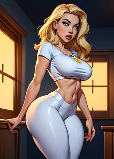 blonde, Linda, insinuating smile, perfectbody, perfect ass, ((short shorts)), ((blouse with neckline)), training at the gym .