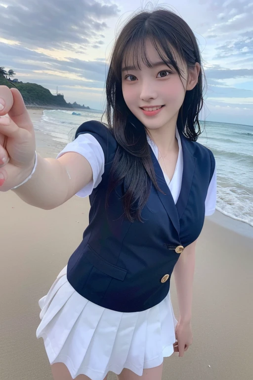 RAW Photos, (8k), (Highest quality:1.2), (Genuine), (Genuine:1.37), Ultra-high resolution, High school girl selfie, (One Woman, half Korean and half Ukrainian, 80% Korean, she is standing on the beach. RAW Photos, 8k, Highest quality, Ultra-high resolution, Beautiful facial details, Genuine human skin, Gentle expression, front, Angle from below, Hair length, Genuine, cute, Short skirt, Ocean, cute high school girl, she is a little wet with Ocean water in Japanese uniform, kimono, surGenuine high school girl, Lesbians all over the world, Big Breasts, Upper Body, Face close-up, Big smile