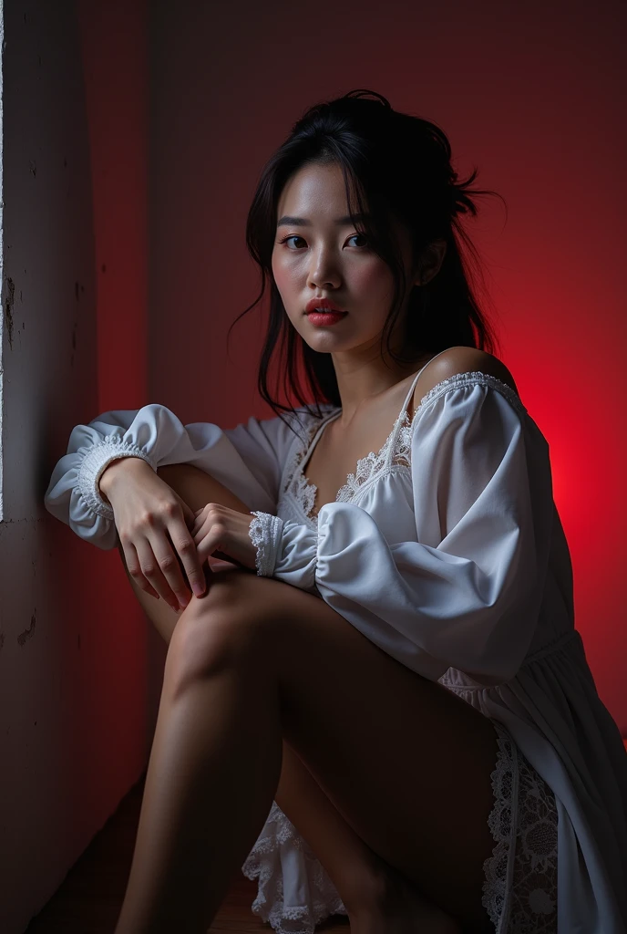 (Highest quality:1.4),(masterpiece:1.4),(Realistic:1.4),(Realistic:1.2),(超High resolution, RAW Photos:1.4),(High resolution, Very detailed:1.2),(8k:1.2),photograph,(Shot from behind:1.3)、Korean women、brown hair photos,One Woman,alone,(In underwear),Very large breasts,((Thigh to head shot:1.3))、(((topless、You can see her large breasts from the side.)))、((Toothy smile))、((Very large breasts:1.4))、Realistic skin textures、Slightly freckled、Slender figure、Realistic skin textures、((background,Concrete wall:1.3)),(topless,The breast is visible from the side:1.6),(Long lace slip,White)、3 woman、The angle at which the nipple is not visible、((Updo long hairstyle))、((Black,Long lace slip:1.4))、Correct toes、Detailed facial features、Long slip covers the buttocks and soles of the feet、Long slip covers your butt、
