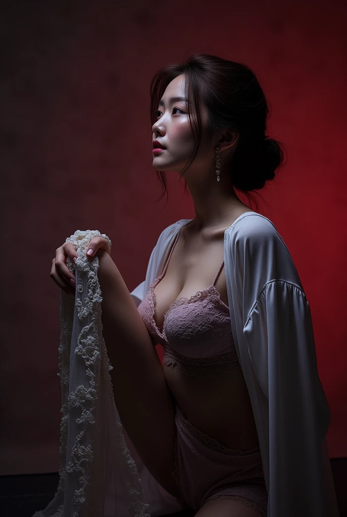 (Highest quality:1.4),(masterpiece:1.4),(Realistic:1.4),(Realistic:1.2),(超High resolution, RAW Photos:1.4),(High resolution, Very detailed:1.2),(8k:1.2),photograph,(Shot from behind:1.3)、Korean women、brown hair photos,One Woman,alone,(In underwear),Very large breasts,((Thigh to head shot:1.3))、(((topless、You can see her large breasts from the side.)))、((Toothy smile))、((Very large breasts:1.4))、Realistic skin textures、Slightly freckled、Slender figure、Realistic skin textures、((background,Concrete wall:1.3)),(topless,The breast is visible from the side:1.6),(Long lace slip,White)、3 woman、The angle at which the nipple is not visible、((Updo long hairstyle))、((Black,Long lace slip:1.4))、Correct toes、Detailed facial features、Long slip covers the buttocks and soles of the feet、Long slip covers your butt、