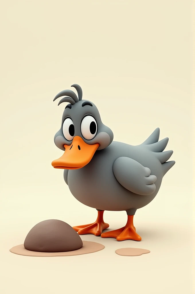 A gray cartoon duck looking down for a brown rock
