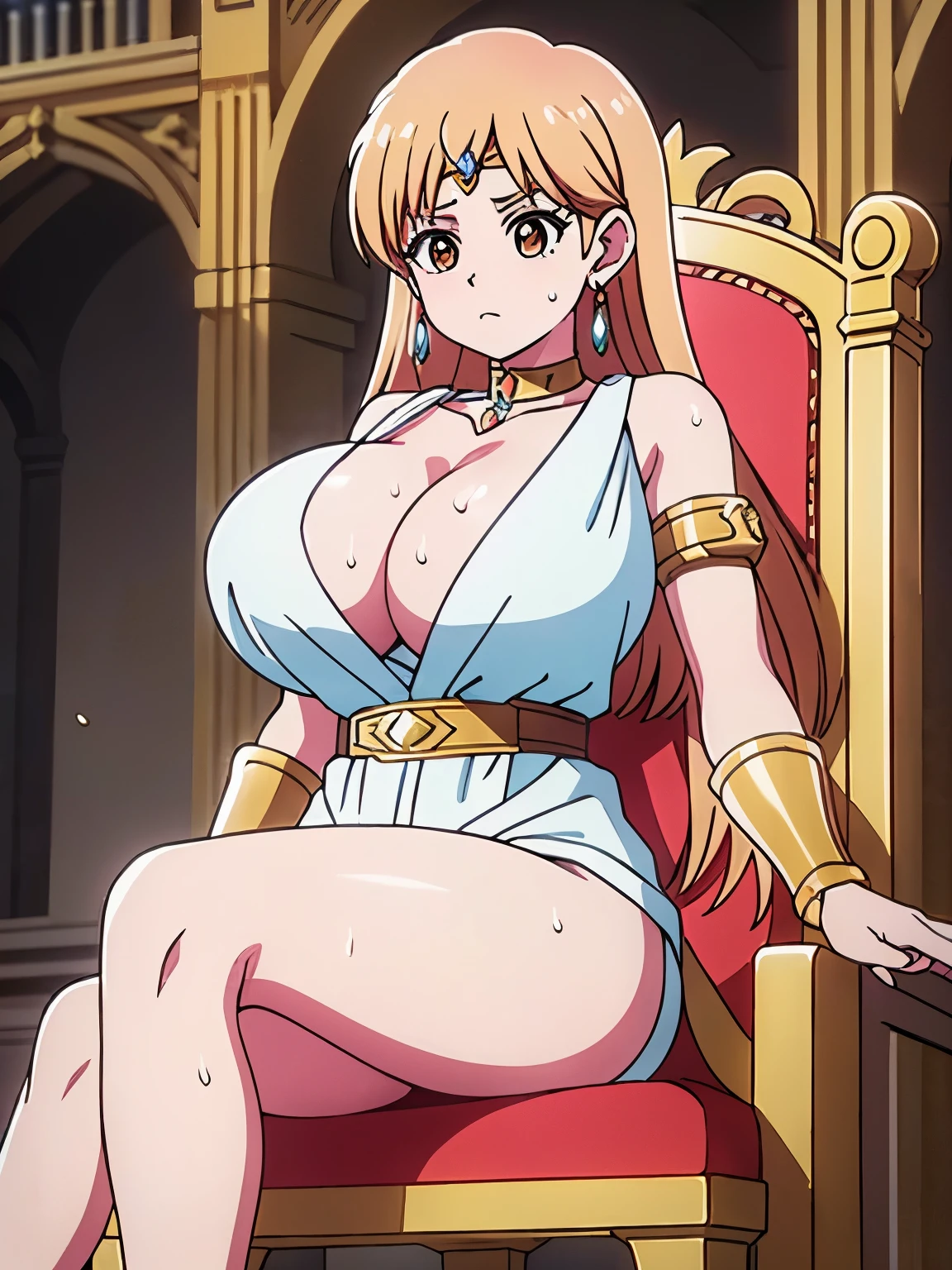 (masterpiece, highest quality:1.2, 8k yen, Ultra-high resolution), RAW Photos, Professional Lighting, Cinema Lighting, 1 girl, alone, Leona, Dragon Quest:dai no daibouken, (blonde, Long Hair, Brown eyes, hair ornaments, bangs), ((brass Circlet, choker, earrings, golden armor pads:2.0, Earrings, golden hair pin, white robe, green dress, Golden belt, golden bracelet, cloak)), ((((ultra huge breasts, ultra huge cleavages, ultra huge tits, ultra huge boob)))), Big eyes, ((indoors, ultra realistic interior of medieval castle, ultra detailed interior of medieval castle, marble floor, red carpet)), (Ultra Slim Waist, Ultra slim model body style), Highly detailed face, Highly detailed eyes, (directly front view), full body shot, (sitting on the magnificent & gorgeous queen chair:2.0), (nsfw:1.5, sweat bodies:1.5),