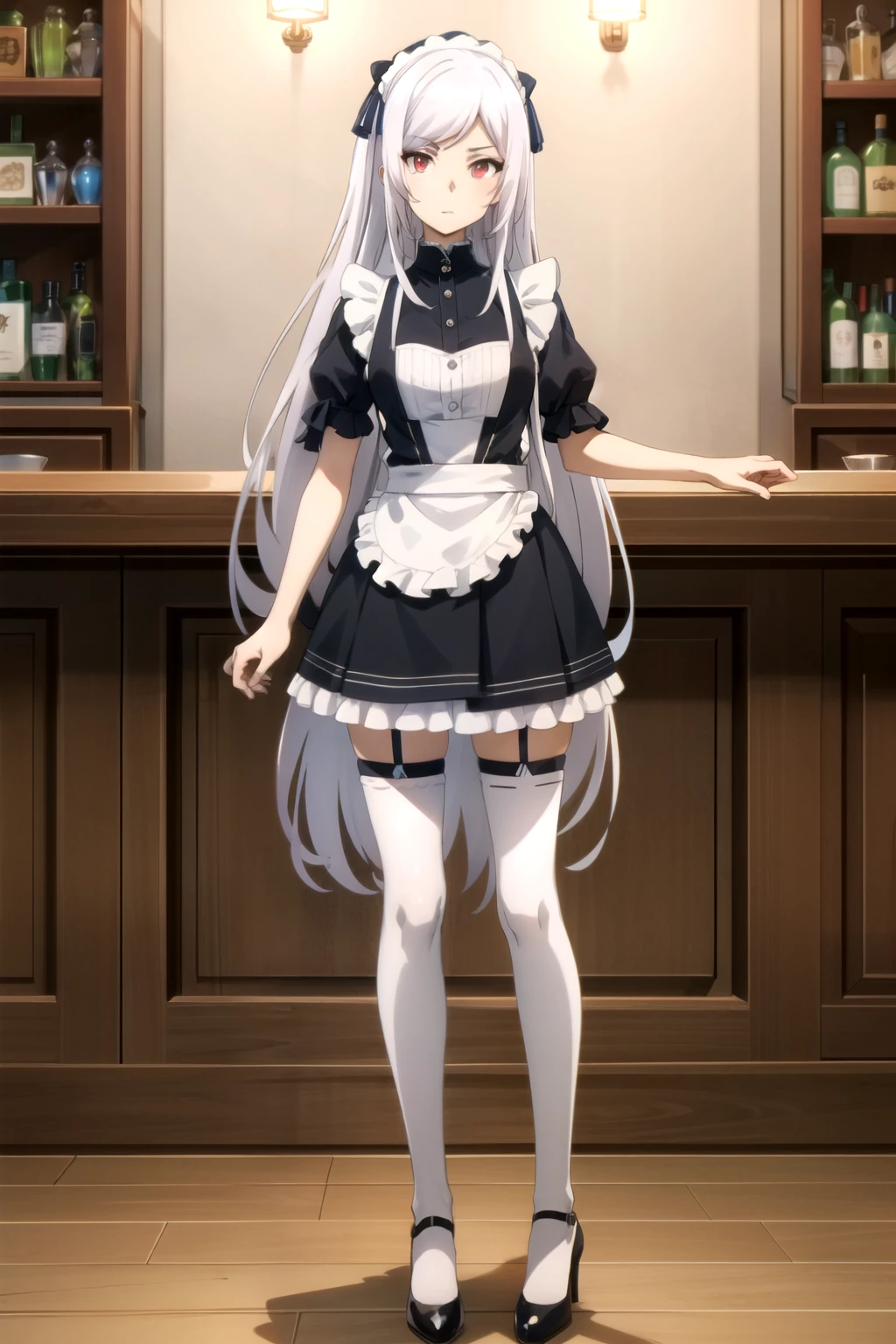 (alexia midgar), (faithfully), One gir, red eyes, long hair, very long hair, Silver hair,hair ribbon, sidelocks, (medium breastst), maid headdress, mini-skirt maid, standing, lace stockings, black pumps, standing, full body, spread legs, looking at viewer, indoor, bar