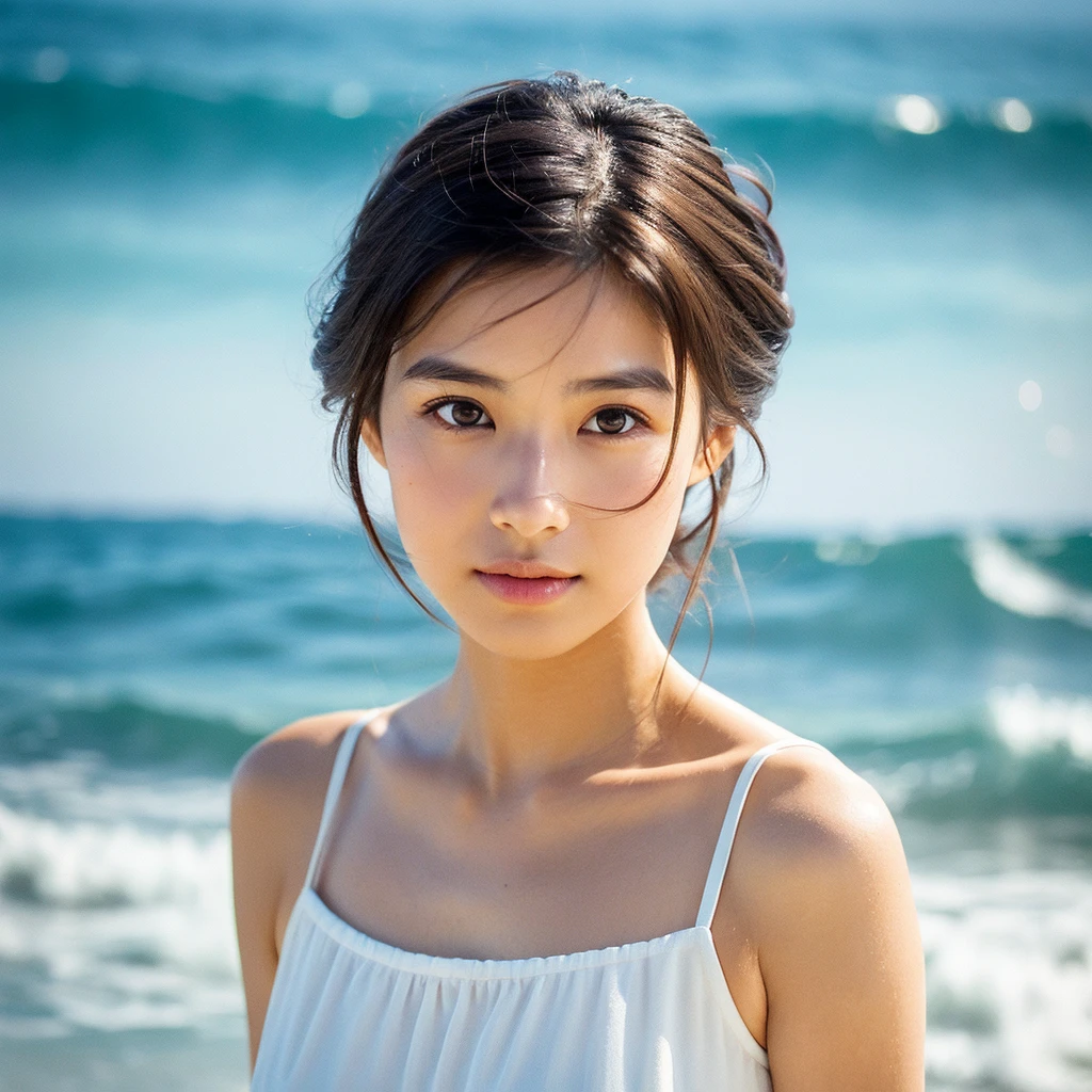 A hyper-realistic image of a single Japanese woman in her early 20s, captured with the nostalgic warmth and subtle graininess of a film camera, with the focus on her upper body from the shoulders up against a serene seaside backdrop. Her skin has a warm beige tone with a natural, slightly rough texture that includes visible pores, fine lines, and subtle imperfections such as small blemishes, adding to the authenticity of her appearance. The soft, diffused natural light reflects off the ocean waves, casting gentle, warm shadows across her face and shoulders, enhancing the film-like quality and creating a timeless, organic feel. Her straight, glossy black hair is slightly tousled by the ocean breeze, naturally framing her face, and her deep brown eyes reflect the soft light of the seaside, adding depth and emotion. The background subtly captures the peaceful ocean scenery with a glimpse of rolling waves and a faint horizon, blurred to maintain focus on her expression. The film camera effect introduces a slight grain and a softer focus, giving the image a warm, nostalgic atmosphere while maintaining the realistic texture of her skin. She is wearing a light, airy top that complements her natural beauty and the beach setting, with the overall composition designed to evoke a sense of genuine, understated elegance and connection with nature.