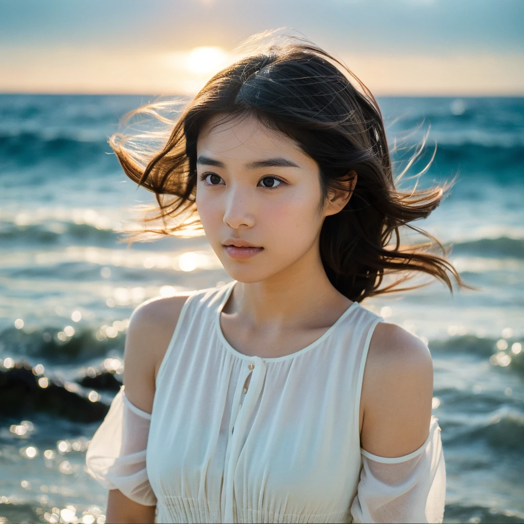 A hyper-realistic image of a single Japanese woman in her early 20s, captured with the nostalgic warmth and subtle graininess of a film camera, with the focus on her upper body from the shoulders up against a serene seaside backdrop. Her skin has a warm beige tone with a natural, slightly rough texture that includes visible pores, fine lines, and subtle imperfections such as small blemishes, adding to the authenticity of her appearance. The soft, diffused natural light reflects off the ocean waves, casting gentle, warm shadows across her face and shoulders, enhancing the film-like quality and creating a timeless, organic feel. Her straight, glossy black hair is slightly tousled by the ocean breeze, naturally framing her face, and her deep brown eyes reflect the soft light of the seaside, adding depth and emotion. The background subtly captures the peaceful ocean scenery with a glimpse of rolling waves and a faint horizon, blurred to maintain focus on her expression. The film camera effect introduces a slight grain and a softer focus, giving the image a warm, nostalgic atmosphere while maintaining the realistic texture of her skin. She is wearing a light, airy top that complements her natural beauty and the beach setting, with the overall composition designed to evoke a sense of genuine, understated elegance and connection with nature.