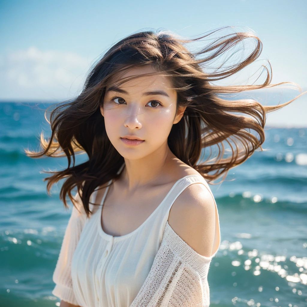 A hyper-realistic image of a single Japanese woman in her early 20s, captured with the nostalgic warmth and subtle graininess of a film camera, with the focus on her upper body from the shoulders up against a serene seaside backdrop. Her skin has a warm beige tone with a natural, slightly rough texture that includes visible pores, fine lines, and subtle imperfections such as small blemishes, adding to the authenticity of her appearance. The soft, diffused natural light reflects off the ocean waves, casting gentle, warm shadows across her face and shoulders, enhancing the film-like quality and creating a timeless, organic feel. Her straight, glossy black hair is slightly tousled by the ocean breeze, naturally framing her face, and her deep brown eyes reflect the soft light of the seaside, adding depth and emotion. The background subtly captures the peaceful ocean scenery with a glimpse of rolling waves and a faint horizon, blurred to maintain focus on her expression. The film camera effect introduces a slight grain and a softer focus, giving the image a warm, nostalgic atmosphere while maintaining the realistic texture of her skin. She is wearing a light, airy top that complements her natural beauty and the beach setting, with the overall composition designed to evoke a sense of genuine, understated elegance and connection with nature.