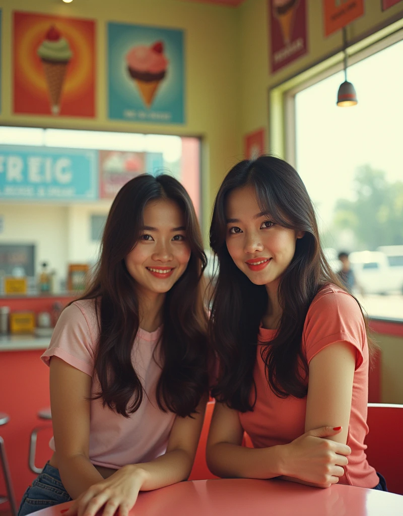 Portrait of a 2 Thai woman looking at the camera, long hair, retro ice cream shop with pastel colored walls, classic soda shop counter and vintage ice cream posters, bathed in warm sunlight, analog film photograph, Kodachrome camera.