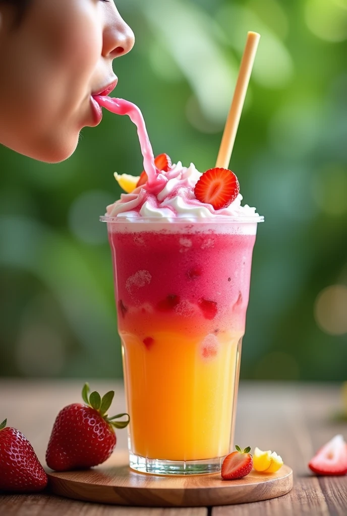 pitahaya frappe, strawberries ,
passion fruit, Natural Greek yogurt and coconut water someone enjoying this frappe