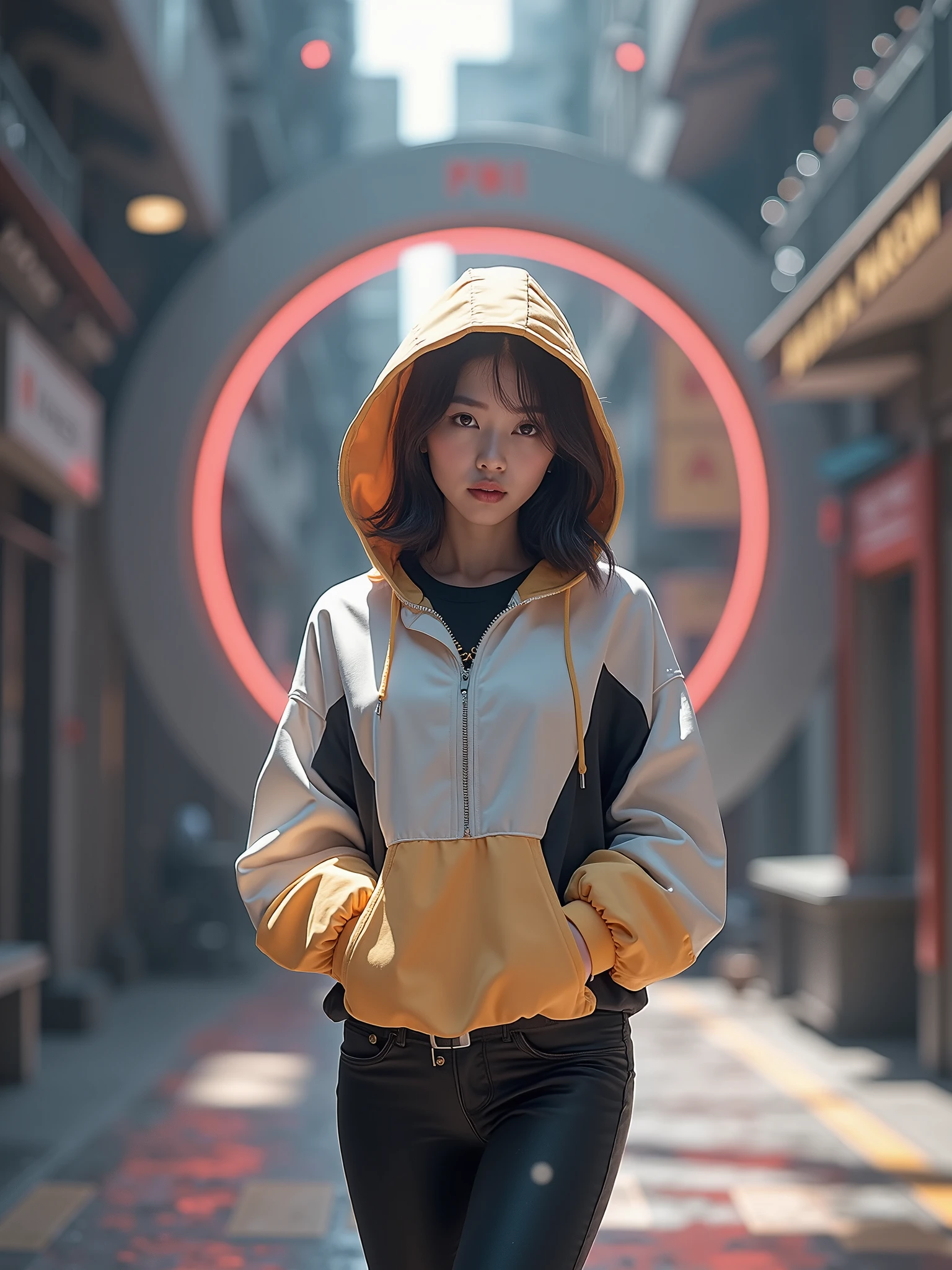 Masterpiece, 4K wallpaper, Masterpiece sci-fi cyberpunk city, fantasy sci-fi, neon glow lights city, ( Subject ( 1girl, A cute japanese women with beautiful hair, wearing an youth stylist oversized hoodie fashion, yellow, black and white stylist fashion, jumper hoodie and short solid cotton trousers, the hoodie stylist masterpiece.))
( Pose (Relaxed, with dance pose, masterpiece. Medium breast.))
( Setting (ultra realistic, sci-fi theme, A mystic environment, cyberpunk city with neon glow lights and a glow light portal.))
( Face ( absolute detail of face masterpiece, detail skin pores masterpiece, oil skinny, beautiful japanese girl, detail of face.))
( Perfect human body, perfect human fingers)
( Lighting (Dramatic side lighting with a warm and cool light masterpiece, absolute face and body lighting teqnique, sunlit glow and light rays, masterpiece object lighting and detail.))
(detail of wearing masterpiece), rahnday style photography, the sense of photography), sea art infinity.
( Style (Hyper-realistic, cinematic, with a focus on detail and texture, octan render 4K quality masterpiece.))
( Technical Specifications (Shot from a medium long shot, below-up perspective, with a Fujifilm XT-4 with Fujinon 50mm lens at f/1.2.))
(((Additional Notes)
( Focus on Key Elements (Emphasize the woman, her clothing, and the dramatic city backdrop.))
( Visual Effects (Include cinematic grains, falling glow particles, and a blurred background with white fog.))