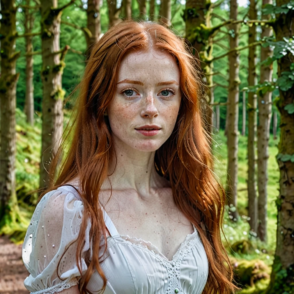 1 woman face, irish redhead , gorgeous long hair, pale skin with freckles, white dress with a strap below , very beautiful, lips semi smile ,Scottish forest background, , 8K photo quality, Realistic details, ultra definition. 