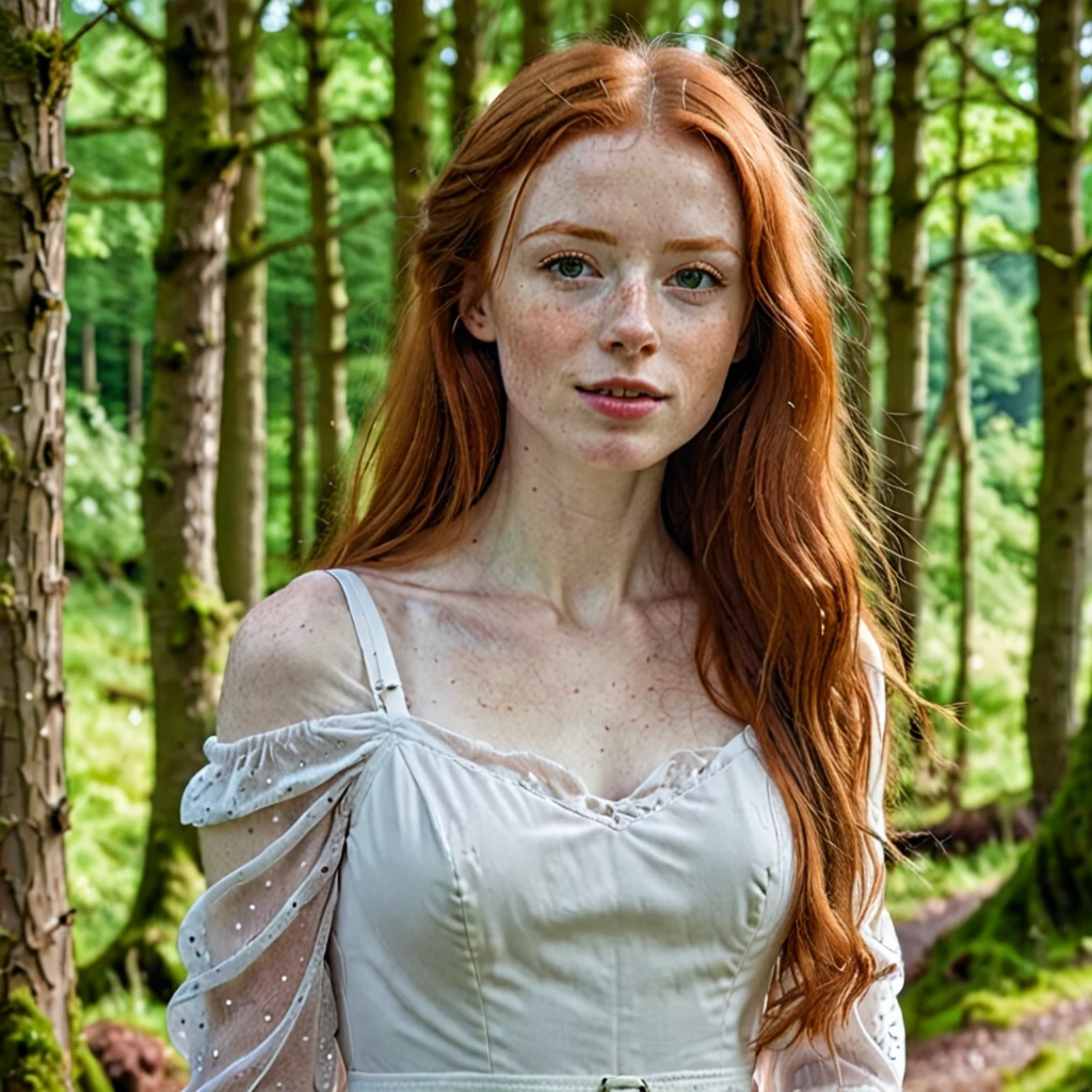 1 woman face, irish redhead , gorgeous long hair, pale skin with freckles, white dress with a strap below , very beautiful, lips semi smile ,Scottish forest background, , 8K photo quality, Realistic details, ultra definition. 