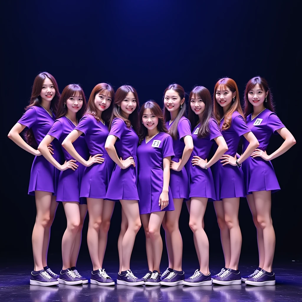 A photo of 10 new members of BNK 48's 6th generation in purple uniforms. They are all wearing matching purple outfits and have their hair styled similarly. The girls are posing together on a stage. The background is dark.