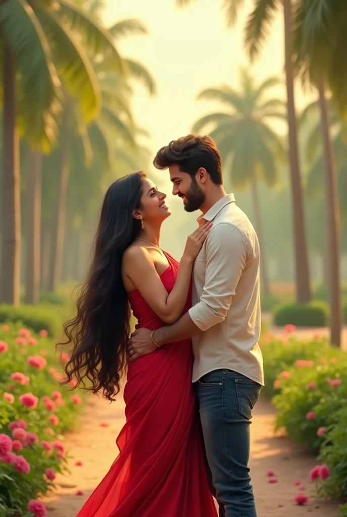 Kerala cute couple in park, girl in red saree