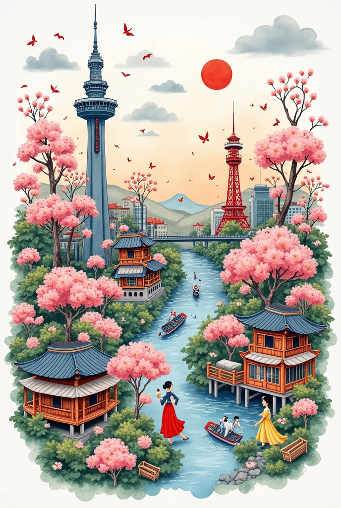 A vibrant watercolor illustration of handwritten typography artwork showcasing South Korean culture, featuring names like k-drama, k-food (kimchi, ramen), Namsan Tower, Busan, Seoul, subway, traditional culture (hanbok), Korean fashion, k-beauty, skincare, and playful doodles with South Korean culture and spring trees Han river.