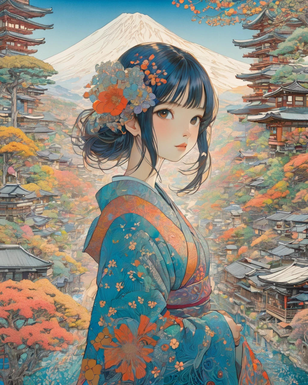One girl, Japan, They are, (art:Hiroshi Yoshida ) Super detailed, beautifully、aesthetic,
masterpiece, Highest quality, Realistic, zenTangle, Mandala, Tangle, enTangle, フラクタルart, Very detailed, Dynamic Angle, The most beautiful form of chaos, elegant, Brutalist design, Vibrant colors, Romanticism, silk,