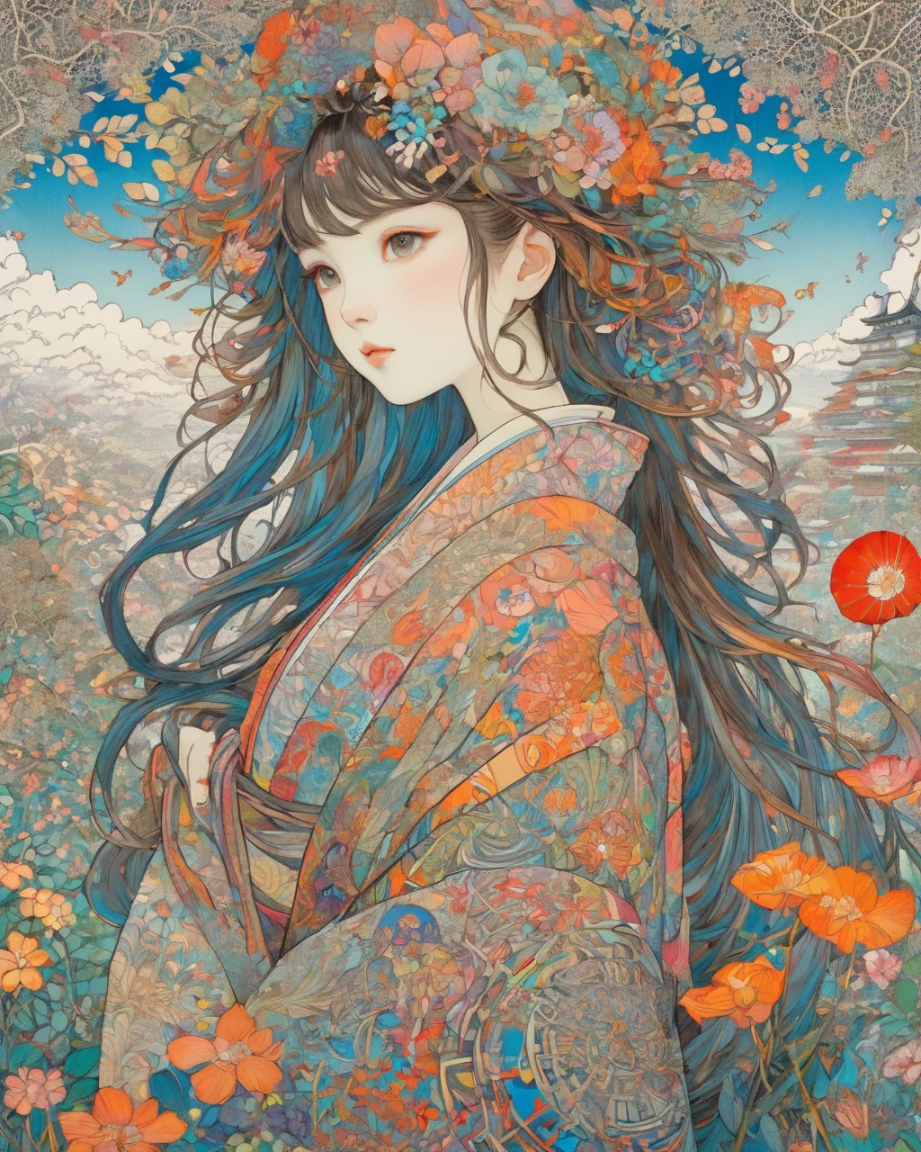 One girl, Japan, They are, (art:Hiroshi Yoshida ) Super detailed, beautifully、aesthetic,
masterpiece, Highest quality, Realistic, zenTangle, Mandala, Tangle, enTangle, フラクタルart, Very detailed, Dynamic Angle, The most beautiful form of chaos, elegant, Brutalist design, Vibrant colors, Romanticism, silk,