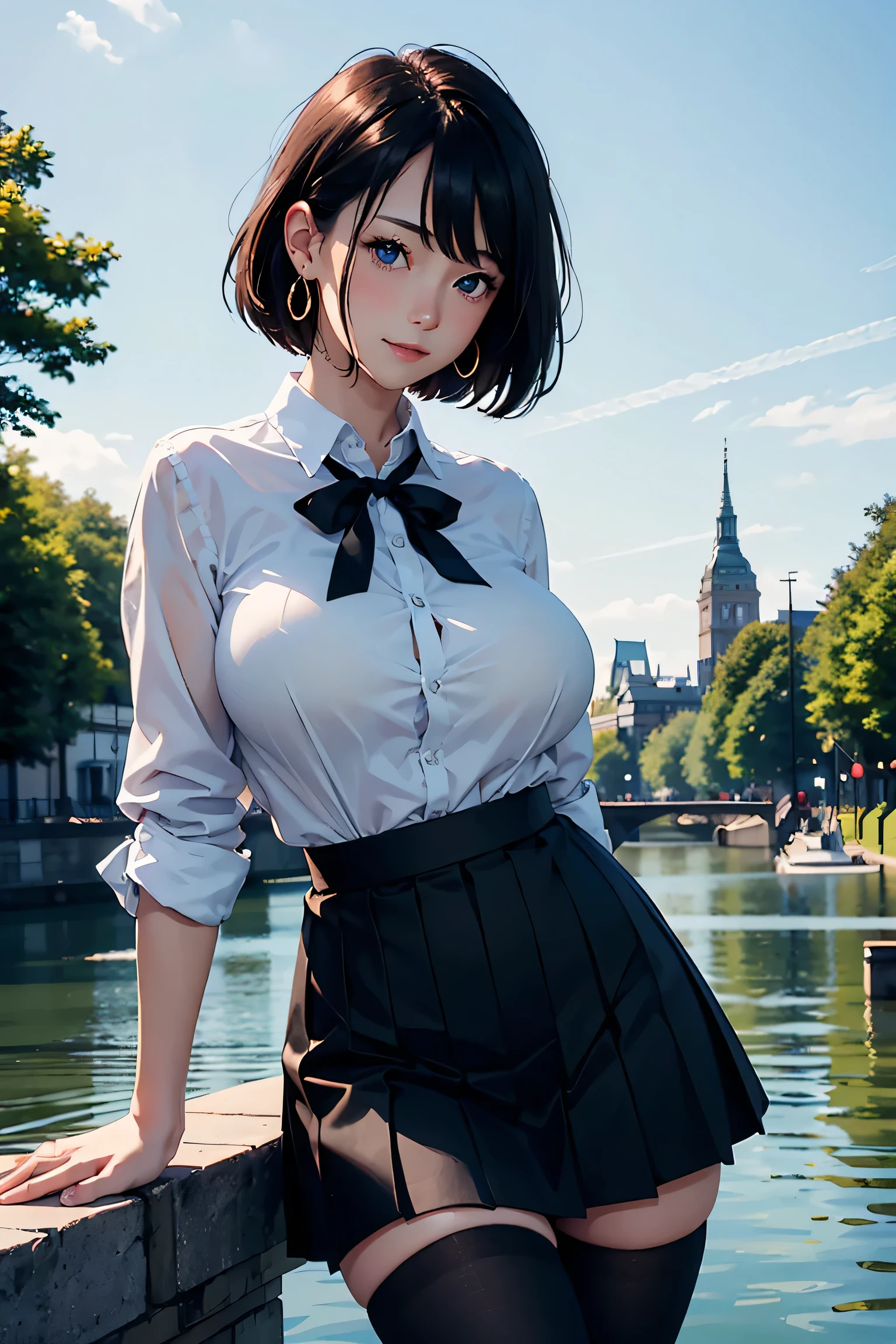 (masterpiece:1.2, Highest quality), (Realistic photos), Beautiful illustrations, (Natural side lighting, Cinema lighting),(2 girls:1.2), Japanese, 20-year-old female, Perfect Face, Symmetrical cute face, Glowing Skin,Black short bob、Blonde Short Hair、Dark blue eyes, (Huge breasts:1.3), Slender build、Earrings、Beautiful Hair, Beautiful Face, Fine and beautiful eyes, Beautiful body, Beautiful breasts,(White collared shirt、Small black ribbon、Pleated skirt、Black tights),river、Embankment、blue sky、smile、Blushing、Standing side by side