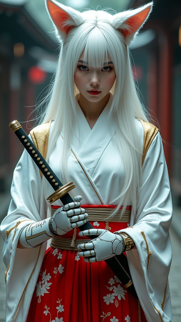 A young woman with long, flowing white hair, and fox ears stands in a powerful pose, wielding a gleaming katana. She wears a traditional Japanese kimono with a red skirt adorned with white floral patterns, blending seamlessly with advanced, white and gold mechanical armor on one arm and hand. Her gaze is sharp and determined, conveying a sense of strength and resilience. The background is blurred, hinting at an urban setting with traditional Japanese architecture.high quality, (RAW photo, best quality), (realistic, photorealistic: 1.4), (extremely delicate and beautiful: 1.4), amazing, fine details, masterpiece, ultra detailed, high resolution, best illustration, best shadow, intricate, ( extremely intricate: 1.2), (exquisitely detailed skin), cinematic light, perfect ???????, (cool color: 1.4), sharp focus, 8k UHD, DSLR, (Fujifilm XT3),(estilo cinematográfico :1.4), (efectos cinematográfico :1.4), (colores cinematográfico)