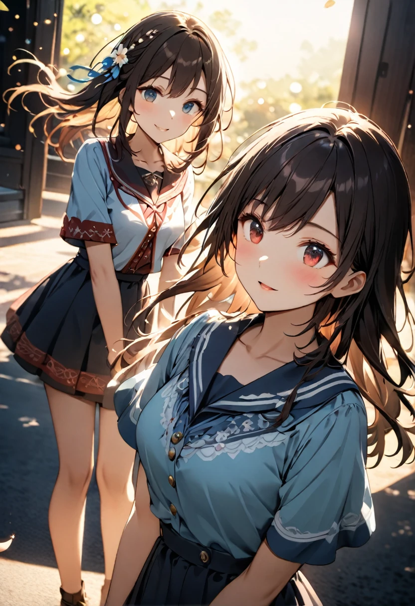 {{Highest quality}},Delicate illustration,Detailed depiction, masterpiece, Boho Eye Hinai Girl, Playful Themes, {{{Group of 2}}}、{{{Two girls}}}、High school girls、Raw photo of a girl in uniform。Decorative details and symbols are often used。, Brown hair gently fluttering in the wind,Clear blue eyes、A gentle smile、Raw photo of a girl in uniform。Decorative details and symbols are often used。, Black hair gently fluttering in the wind,Clear red eyes、A gentle smile、 Long-distance shots, High Key Light, Hard Shadows, Soft bokeh, Professional photography, A balanced deal, Balanced Exposure,